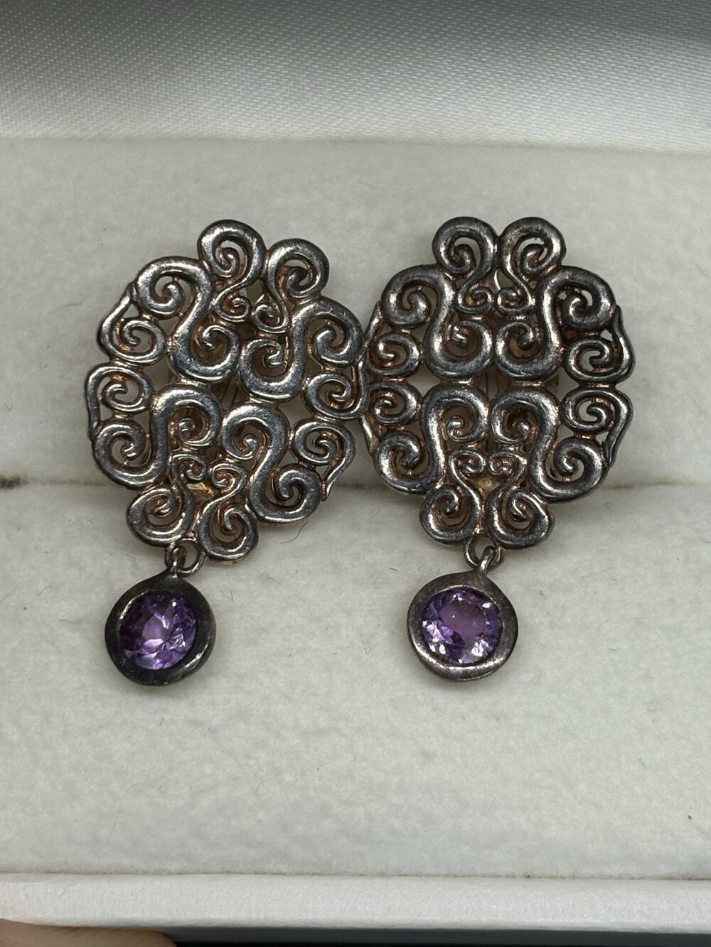 Vintage Zina Beverly Hills Sterling Silver Scroll Amethyst Clip Dangle Earrings